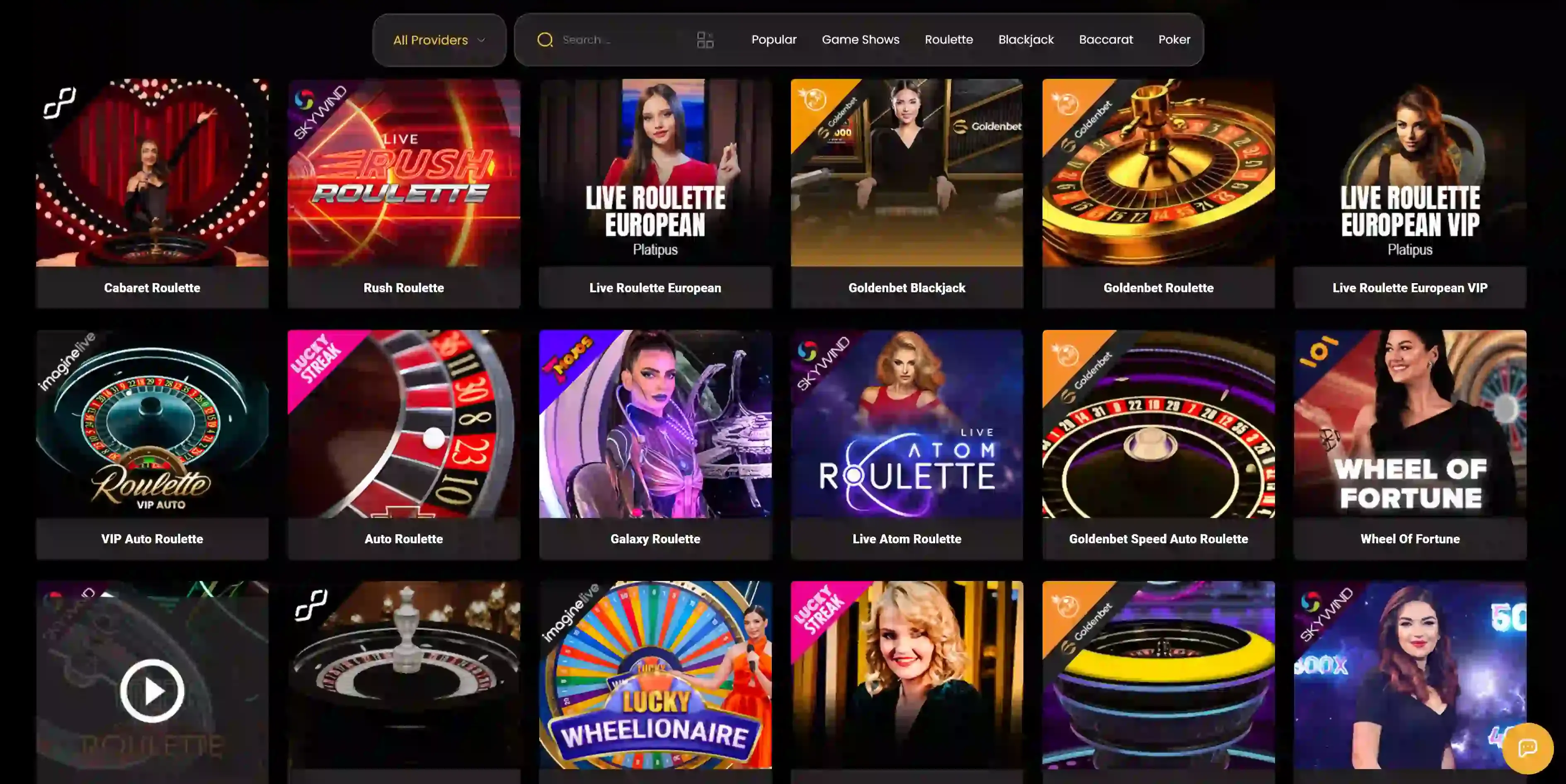 Goldbet Live Casino szekció a rulett és blackjack asztalokkal